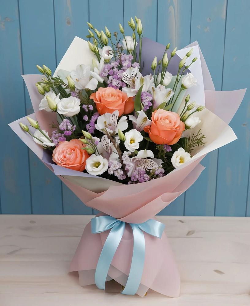 Букет цветов из: Лизиантусы, Розы, Альстромерии и Гипсофила в Чуфарово