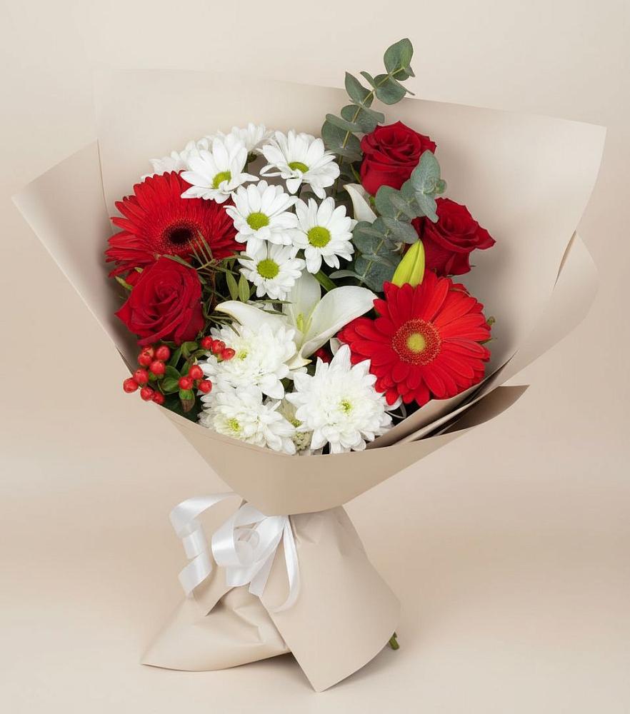 Букет цветов из: Розы, Хризантемы, Герберы и Лилии в Чуфарово