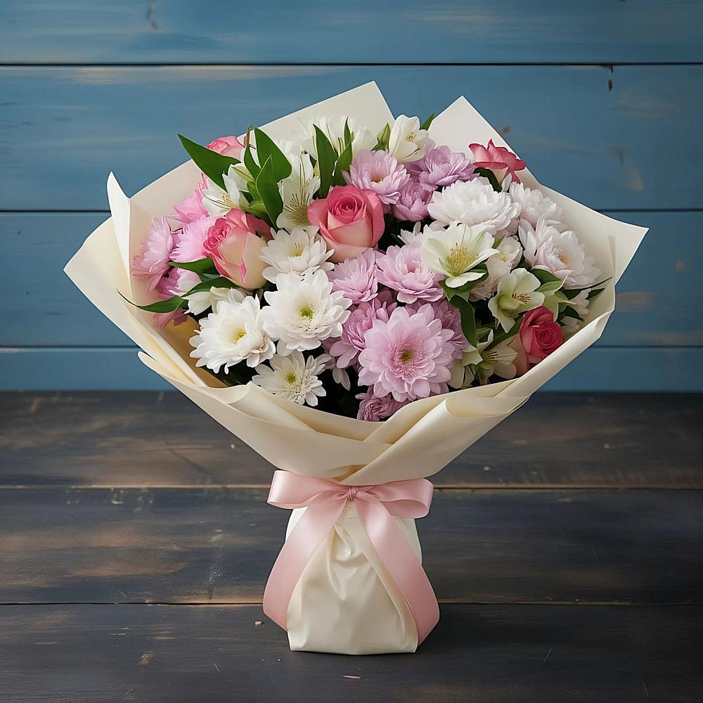 Букет цветов из: Хризантемы, Альстромерии и Розы в Чуфарово